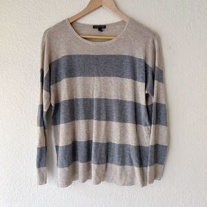 Eileen Fisher Tan and Grey Stripe Tencel Merino Rib Knit Boxy Sweater Size S